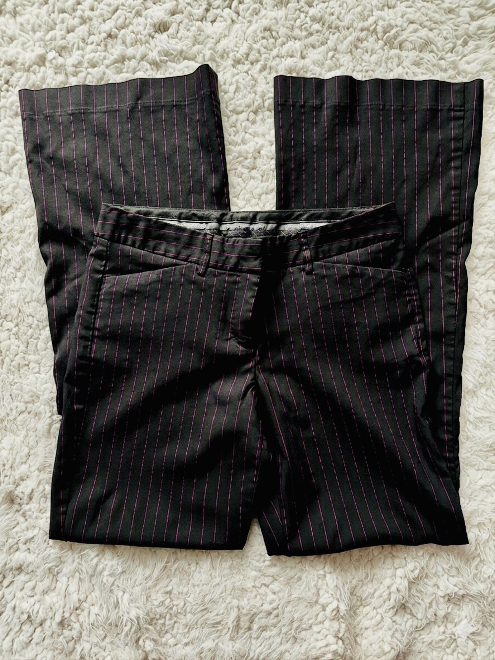 Express Design Studio Editor Trousers Black Magenta Pinstripe Wide Leg Size 6